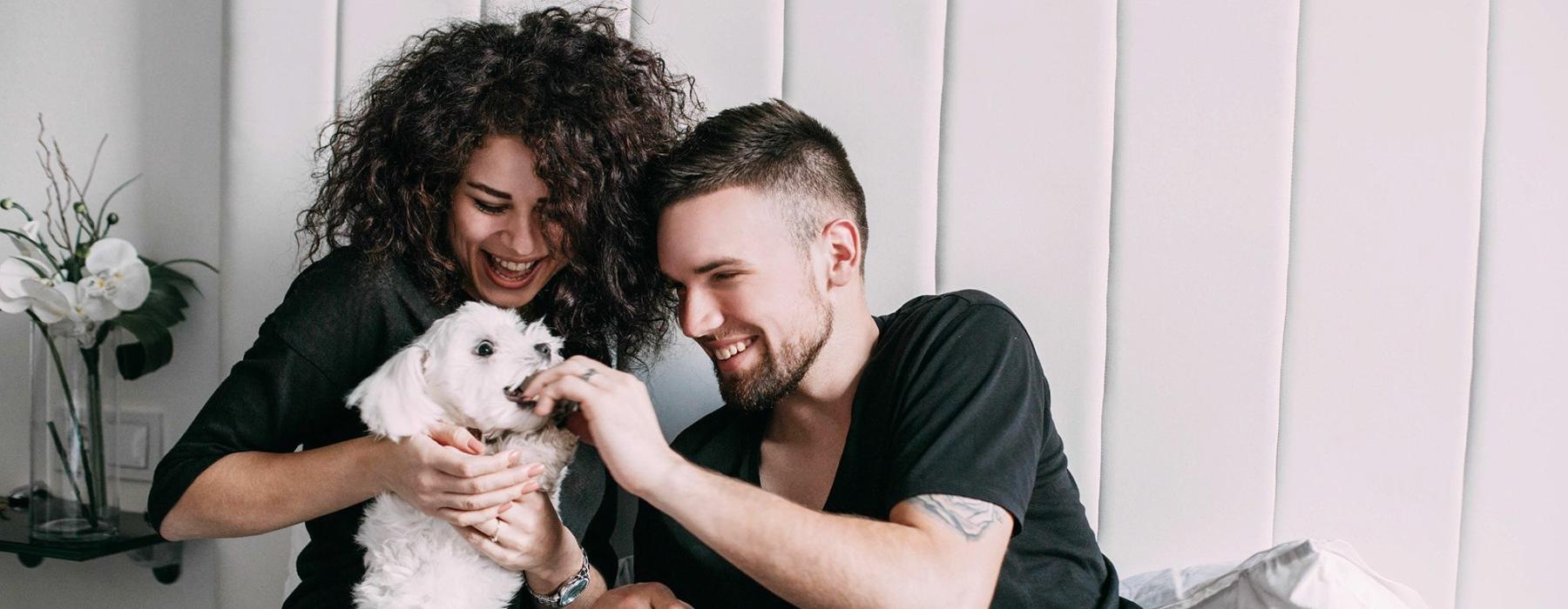 a man and woman sitting on a bed playing with a dog