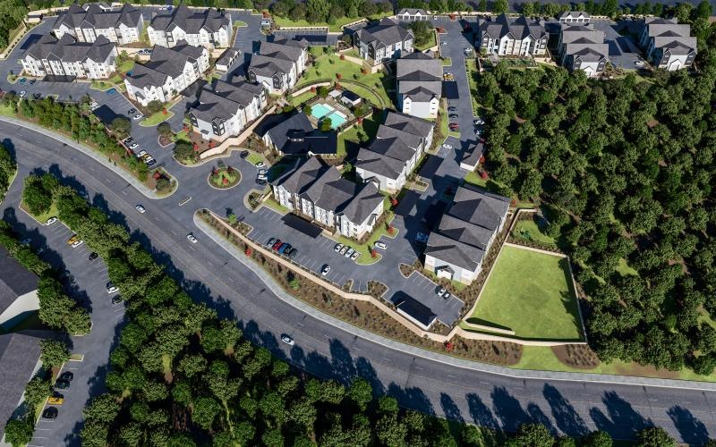 aerial view of apartments and trees